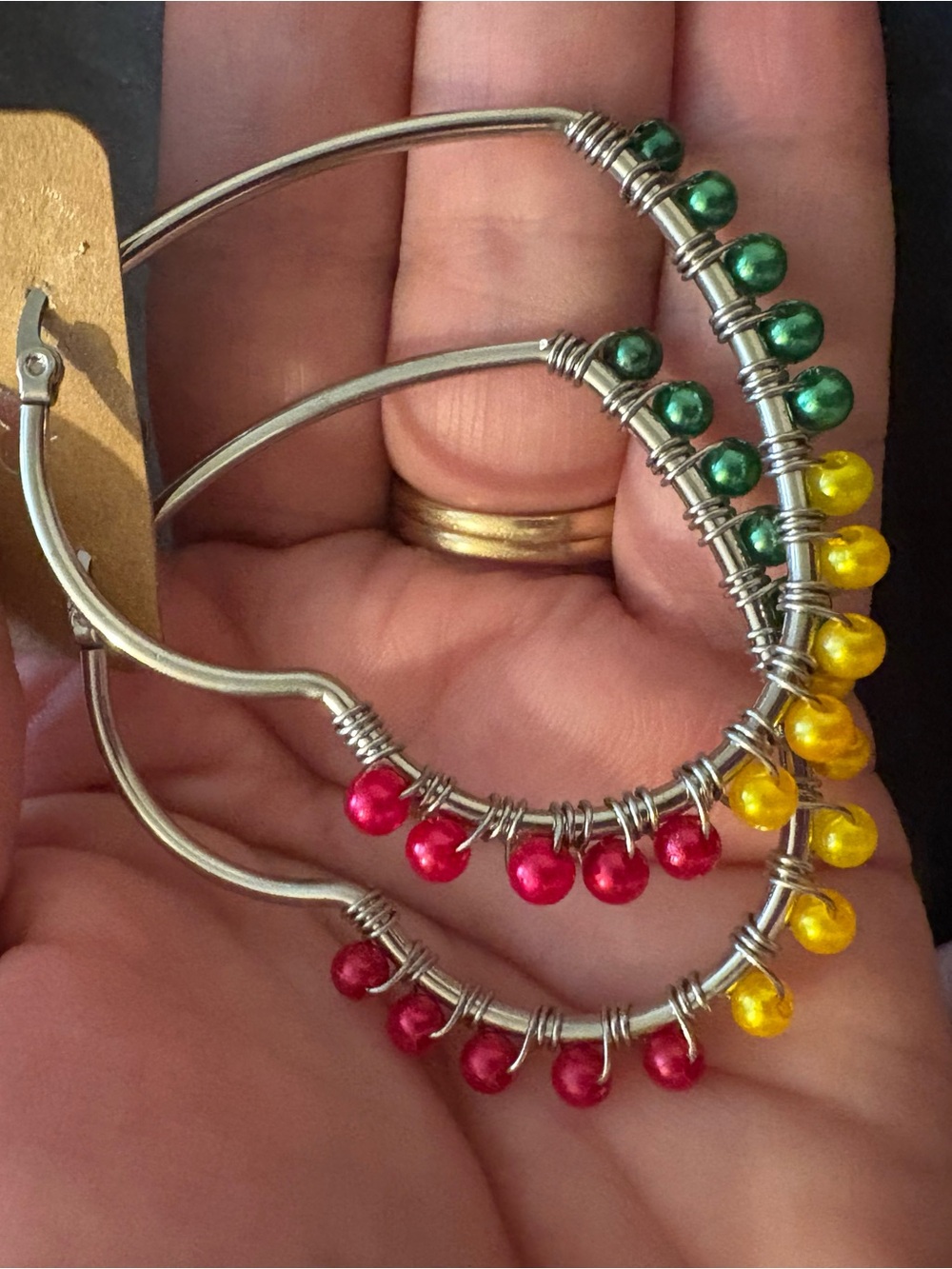 Multi-Color Beaded Hoop Earrings — Green, Yellow & Red